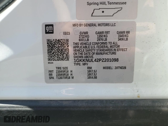 2023 GMC Acadia SLT with VIN 1GKKNUL42PZ201098, listed as a Copart auction lot 63930345 with 61,410 mi miles and Clean title. Bid and sale history available at DreamBid. Image 14.