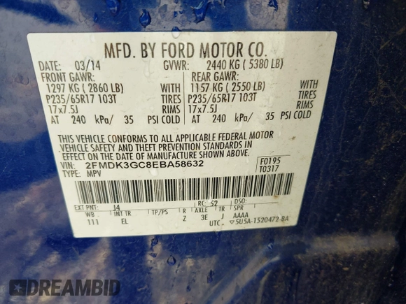 2014 Ford Edge SE with VIN 2FMDK3GC8EBA58632, listed as a IAAI auction lot 42581938 with 221,451 mi miles and . Bid and sale history available at DreamBid. Image 9.