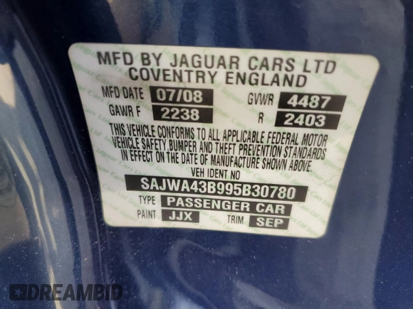 2009 Jaguar XK with VIN SAJWA43B995B30780, listed as a Copart auction lot 79119264 with 0 mi miles and Salvage Title. Bid and sale history available at carsss.com. Image 12.