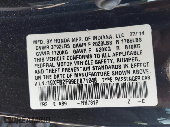 2014 Honda Civic EX-L with VIN 19XFB2F99EE071248, listed as a IAAI auction lot 42049041 with 145,378 mi miles and . Bid and sale history available at DreamBid. Image 9.
