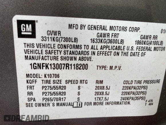 2007 Chevrolet Tahoe LTZ z VIN 1GNFK13007R118200, wystawiony jako Copart lot #61613185 z przebiegiem 137 294 mil mil oraz Czysty tytuł • Clean title. Historia ofert i sprzedaży dostępna na DreamBid. Obrazek 10.