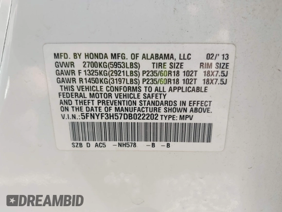 2013 Honda Pilot EX-L with VIN 5FNYF3H57DB022202, listed as a IAAI auction lot 42019419 with 137,680 mi miles and . Bid and sale history available at DreamBid. Image 9.