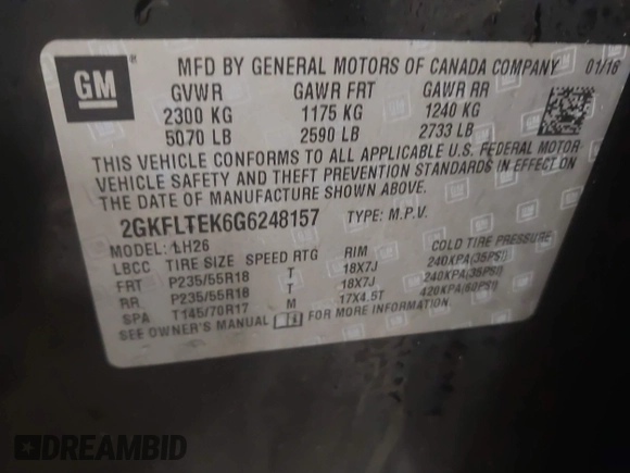 2016 GMC Terrain SLE with VIN 2GKFLTEK6G6248157, listed as a IAAI auction lot 41835865 with 93,741 mi miles. Bid and sale history available at carsss.com. Image 9.