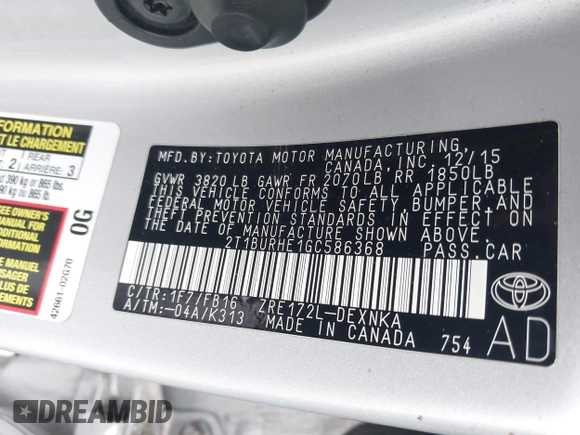 2016 Toyota Corolla L z VIN 2T1BURHE1GC586368, wystawiony jako IAAI lot #42223502 z przebiegiem 92 550 mil mil oraz . Historia ofert i sprzedaży dostępna na DreamBid. Obrazek 9.