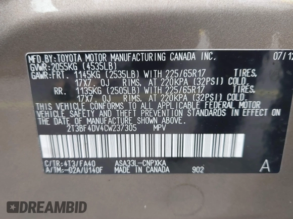 2012 Toyota RAV4 with VIN 2T3BF4DV4CW237305, listed as a IAAI auction lot 41590091 with 114,757 mi miles and . Bid and sale history available at carsss.com. Image 9.