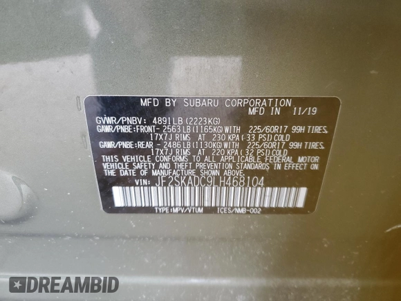 2020 Subaru Forester with VIN JF2SKADC9LH468104, listed as a Copart auction lot 47806945 with 58,851 mi miles and Salvage Title. Bid and sale history available at carsss.com. Image 14.