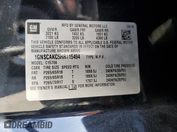 2017 Chevrolet Tahoe LS with VIN 1GNSCAKC5HR115494, listed as a Copart auction lot 54710295 with 138,899 mi miles and Salvage title. Bid and sale history available at DreamBid. Image 13.