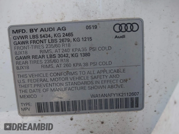 2019 Audi Q5 Premium with VIN WA1ANAFY1K2112607, listed as a IAAI auction lot 41482680 with 58,000 mi miles. Bid and sale history available at carsss.com. Image 9.