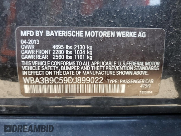 2013 BMW 3 Series 335i xDrive with VIN WBA3B9C59DJ899022, listed as a Copart auction lot 43186545 with 89,655 mi miles and Salvage Title. Bid and sale history available at carsss.com. Image 12.
