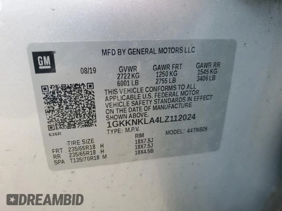 2020 GMC Acadia SLE z VIN 1GKKNKLA4LZ112024, wystawiony jako Copart lot #48253465 z przebiegiem 88 232 mil mil oraz Czysty tytuł • Clean title. Historia ofert i sprzedaży dostępna na DreamBid. Obrazek 13.