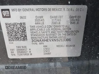 2022 Chevrolet Equinox LS with VIN 3GNAXHEVXNS213306, listed as a IAAI auction lot 42427872 with 45,527 mi miles and . Bid and sale history available at DreamBid. Image 9.