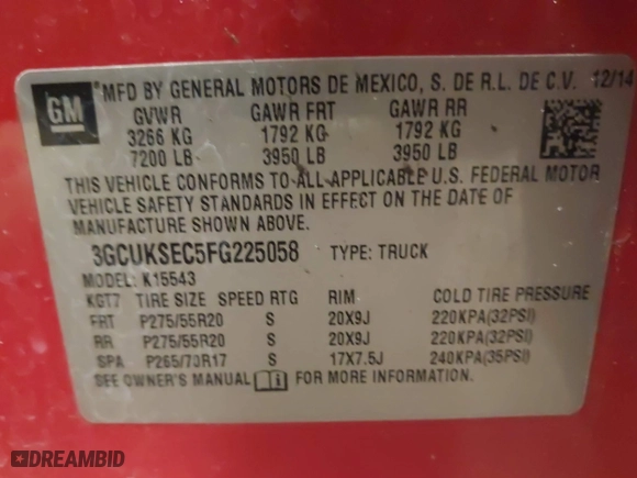 2015 Chevrolet Silverado 1500 LTZ with VIN 3GCUKSEC5FG225058, listed as a IAAI auction lot 41118782 with 188,777 mi miles. Bid and sale history available at carsss.com. Image 9.