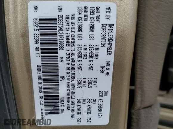 2001 Chrysler Town & Country LXi with VIN 2C8GT54L31R100381, listed as a Copart auction lot 72474224 with 246,308 mi miles and Salvage Title. Bid and sale history available at DreamBid. Image 13.