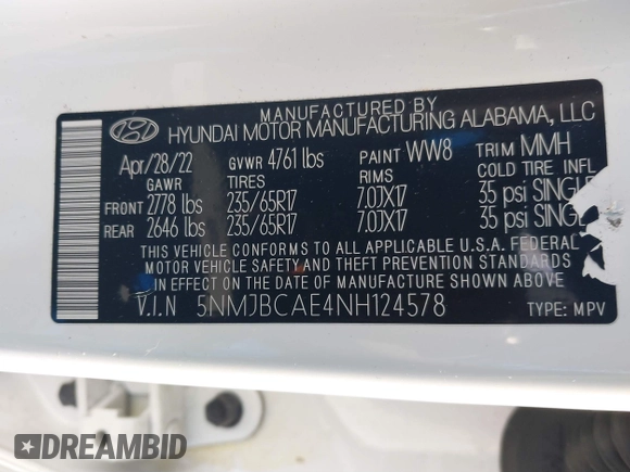 2022 Hyundai Tucson SEL with VIN 5NMJBCAE4NH124578, listed as a IAAI auction lot 41889731 with Not Provided miles. Bid and sale history available at carsss.com. Image 9.