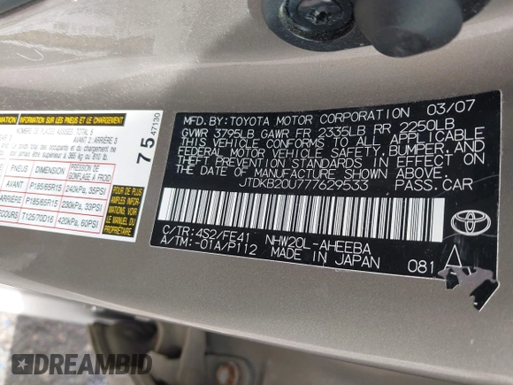 2007 Toyota Prius with VIN JTDKB20U777629533, listed as a IAAI auction lot 42042315 with Not Provided miles and . Bid and sale history available at DreamBid. Image 9.