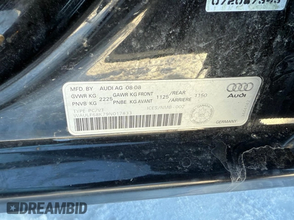 2009 Audi A4 with VIN WAULF68K79N017833, listed as a Copart auction lot 86507584 with 202,534 mi miles and Salvage title. Bid and sale history available at DreamBid. Image 13.