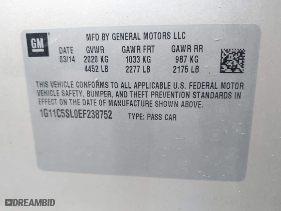 2014 Chevrolet Malibu LT with VIN 1G11C5SL0EF238752, listed as a IAAI auction lot 39969767 with 89,609 mi miles. Bid and sale history available at carsss.com. Image 9.
