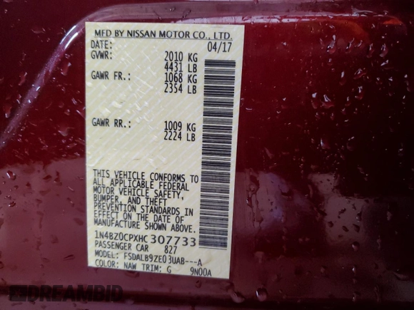 2017 Nissan LEAF SL with VIN 1N4BZ0CPXHC307733, listed as a Copart auction lot 50941523 with 0 mi miles. Bid and sale history available at carsss.com. Image 13.