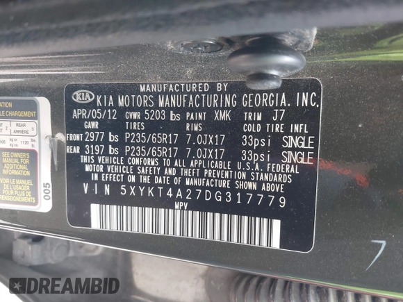 2013 Kia Sorento LX with VIN 5XYKT4A27DG317779, listed as a IAAI auction lot 41321068 with 155,648 mi miles. Bid and sale history available at carsss.com. Image 9.