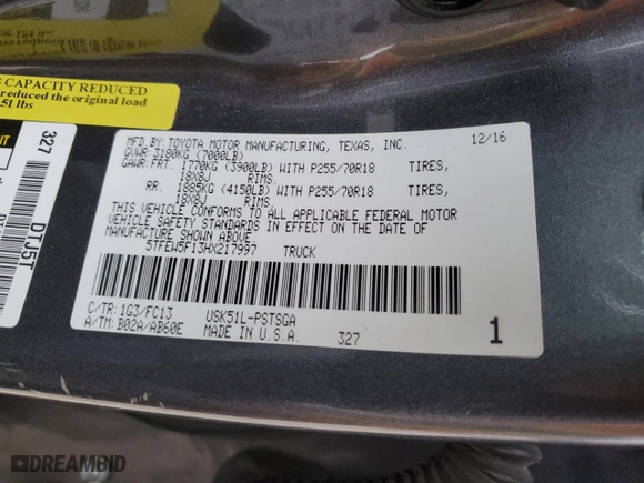 2017 Toyota Tundra 2WD SR5 with VIN 5TFEW5F13HX217997, listed as a Copart auction lot 85011544 with 139,707 mi miles and Salvage Title. Bid and sale history available at carsss.com. Image 14.