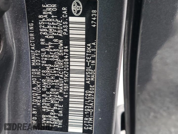 2012 Toyota Camry L with VIN 4T1BF1FK7CU084784, listed as a Copart auction lot 48054405 with 173,163 mi miles and Salvage Title. Bid and sale history available at carsss.com. Image 14.