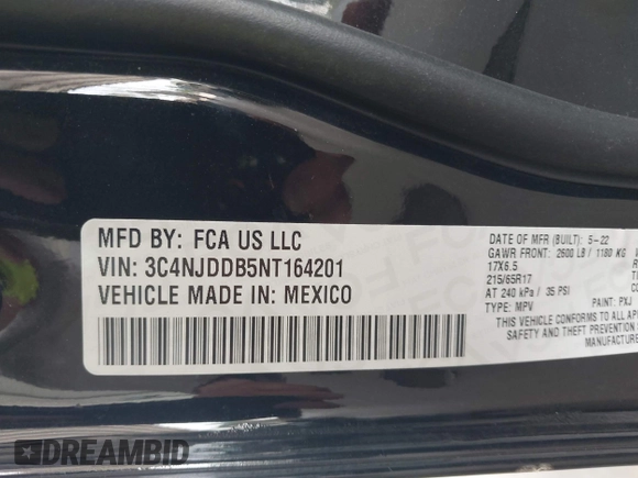 2022 Jeep Compass Trailhawk with VIN 3C4NJDDB5NT164201, listed as a IAAI auction lot 42214973 with 92,668 mi miles and . Bid and sale history available at DreamBid. Image 9.