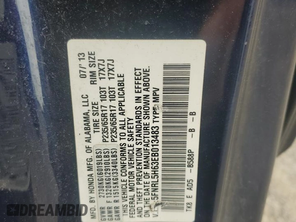 2014 Honda Odyssey EX-L with VIN 5FNRL5H63EB013483, listed as a Copart auction lot 63002435 with 127,059 mi miles and Salvage title. Bid and sale history available at DreamBid. Image 13.