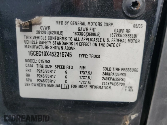 2005 Chevrolet Silverado 1500 Work Truck with VIN 1GCEC19X45Z315745, listed as a Copart auction lot 56436765 with 167,926 mi miles and Salvage Title. Bid and sale history available at DreamBid. Image 12.
