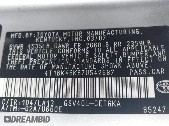 2007 Toyota Camry LE with VIN 4T1BK46K67U542687, listed as a IAAI auction lot 42182009 with 121,136 mi miles and . Bid and sale history available at DreamBid. Image 9.