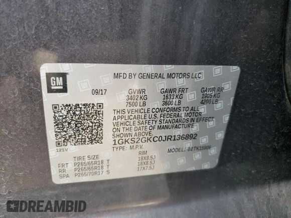 2018 GMC Yukon XL SLT with VIN 1GKS2GKC0JR136892, listed as a Copart auction lot 61352354 with 101,093 mi miles and Clean Title. Bid and sale history available at carsss.com. Image 13.