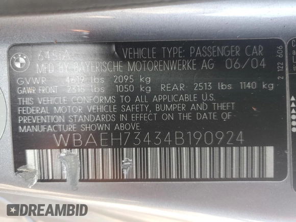2004 BMW 6 Series 645Ci z VIN WBAEH73434B190924, wystawiony jako Copart lot #74318214 z przebiegiem 121 317 mil mil oraz Czysty tytuł • Clean title. Historia ofert i sprzedaży dostępna na DreamBid. Obrazek 12.