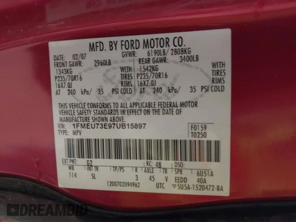 2007 Ford Explorer XLT with VIN 1FMEU73E97UB15897, listed as a IAAI auction lot 42759124 with 113,546 mi miles and . Bid and sale history available at DreamBid. Image 9.