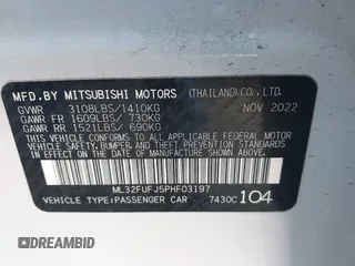 2023 Mitsubishi Mirage ES с VIN ML32FUFJ5PHF03197, выставлен на аукционе IAAI как лот 41733738 с пробегом 33 377 миль миль и . История ставок и продаж доступна на DreamBid. Изображение 9.