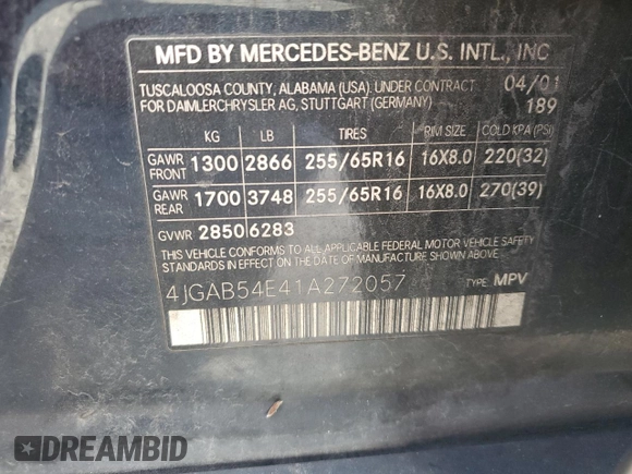 2001 Mercedes-Benz M 320/430/500 with VIN 4JGAB54E41A272057, listed as a Copart auction lot 58197965 with 150,829 mi miles and Salvage title. Bid and sale history available at DreamBid. Image 13.