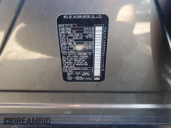 2019 Infiniti QX50 Essential with VIN 3PCAJ5M33KF117370, listed as a Copart auction lot 46537675 with 65,209 mi miles and Salvage Title. Bid and sale history available at DreamBid. Image 14.
