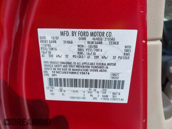 2008 Ford Escape XLT with VIN 1FMCU93108KC15674, listed as a IAAI auction lot 42049019 with 180,077 mi miles. Bid and sale history available at carsss.com. Image 9.