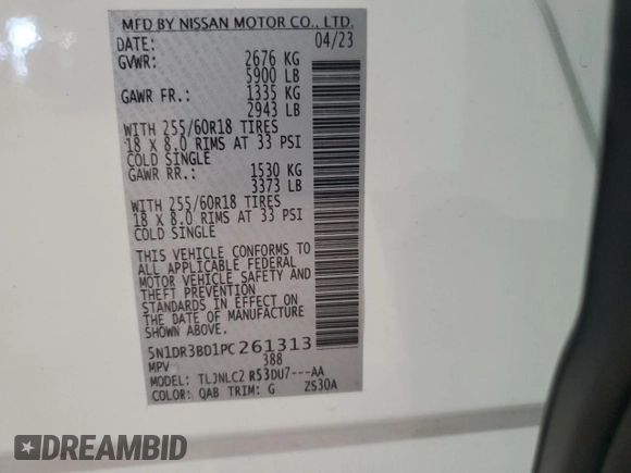 2023 Nissan Pathfinder SV z VIN 5N1DR3BD1PC261313, wystawiony jako Copart lot #55912155 z przebiegiem 13 527 mil mil oraz Szkoda całkowita • Salvage title. Historia ofert i sprzedaży dostępna na DreamBid. Obrazek 13.