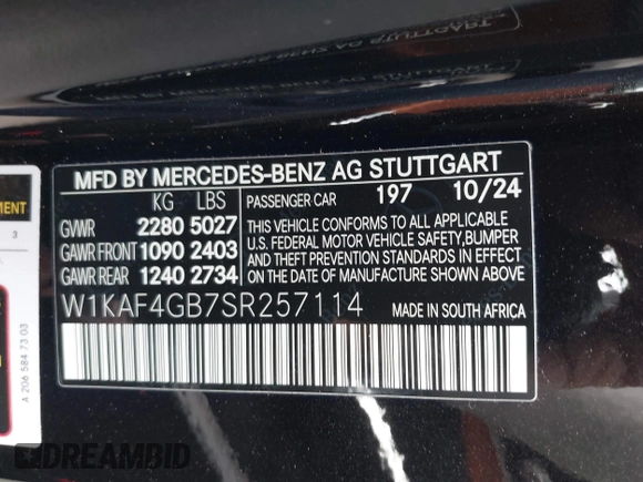 2025 Mercedes-Benz C 300 with VIN W1KAF4GB7SR257114, listed as a IAAI auction lot 42444525 with 256 mi miles and . Bid and sale history available at DreamBid. Image 9.
