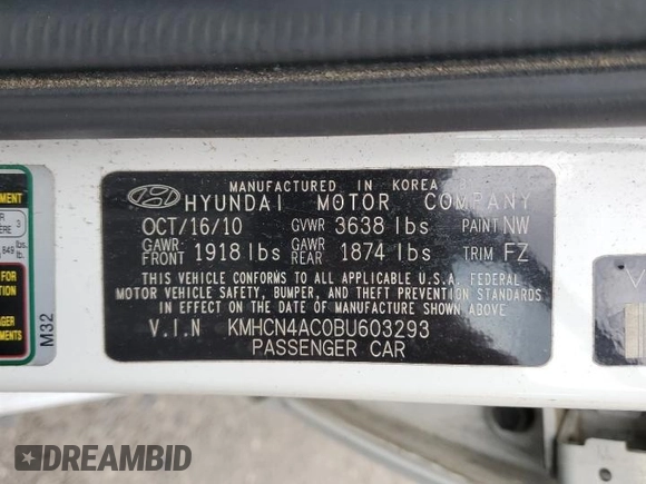 2011 Hyundai Accent GLS z VIN KMHCN4AC0BU603293, wystawiony jako Copart lot #58780435 z przebiegiem 55 222 mil mil oraz Szkoda całkowita • Salvage title. Historia ofert i sprzedaży dostępna na DreamBid. Obrazek 12.