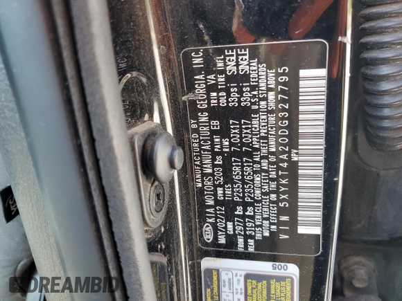 2013 Kia Sorento LX с VIN 5XYKT4A20DG327795, выставлен на аукционе Copart как лот 56863935 с пробегом Не указан миль и Списание • Salvage title. История ставок и продаж доступна на DreamBid. Изображение 13.