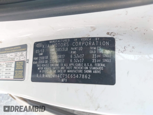 2014 Kia Sedona EX with VIN KNDMH4C75E6547862, listed as a IAAI auction lot 42158784 with Not Provided miles and . Bid and sale history available at carsss.com. Image 9.