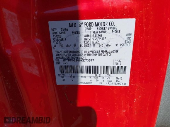 2006 Ford F-150 STX with VIN 1FTRF02286KD73577, listed as a IAAI auction lot 41967994 with 1 mi miles. Bid and sale history available at carsss.com. Image 9.