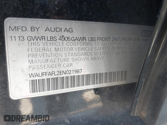 2014 Audi A4 Premium Plus with VIN WAUFFAFL2EN021987, listed as a IAAI auction lot 41888383 with 137,170 mi miles. Bid and sale history available at carsss.com. Image 9.