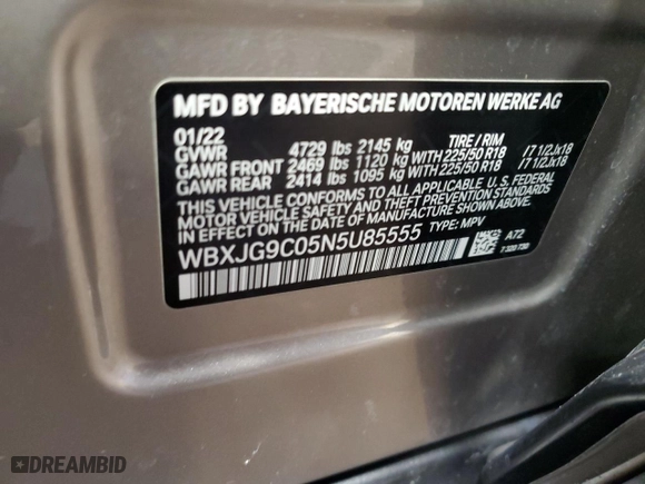 2022 BMW X1 xDrive28i with VIN WBXJG9C05N5U85555, listed as a Copart auction lot 43398955 with 17,461 mi miles and Salvage Title. Bid and sale history available at carsss.com. Image 14.