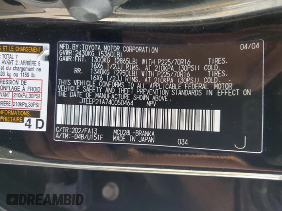 2004 Toyota Highlander с VIN JTEEP21A740050464, выставлен на аукционе Copart как лот 59912355 с пробегом 234 311 миль миль и Чистый • Clean title. История ставок и продаж доступна на DreamBid. Изображение 13.