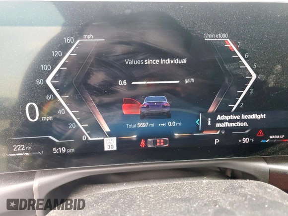2023 BMW 2 Series 230i with VIN 3MW23CM05P8D73642, listed as a Copart auction lot 57884725 with 5,697 mi miles and Salvage title. Bid and sale history available at DreamBid. Image 9.