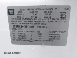 2013 Chevrolet Equinox LS z VIN 2GNFLCEK4D6170086, wystawiony jako IAAI lot #42113796 z przebiegiem 102 203 mil mil oraz . Historia ofert i sprzedaży dostępna na DreamBid. Obrazek 9.
