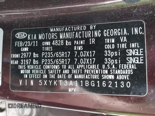 2011 Kia Sorento LX with VIN 5XYKT3A11BG162130, listed as a IAAI auction lot 41849206 with 1 mi miles. Bid and sale history available at carsss.com. Image 9.