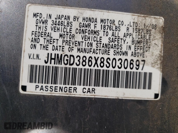 2008 Honda Fit Sport z VIN JHMGD386X8S030697, wystawiony jako Copart lot #53577655 z przebiegiem 188 944 mil mil oraz Szkoda całkowita • Salvage title. Historia ofert i sprzedaży dostępna na DreamBid. Obrazek 12.