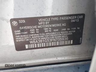 2015 BMW 3 Series 320i with VIN WBA3B1G53FNT05936, listed as a IAAI auction lot 42591667 with 143,594 mi miles and . Bid and sale history available at DreamBid. Image 9.